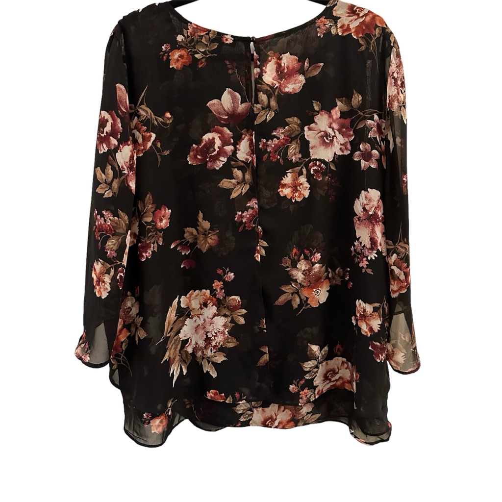 Roz & Ali V-Neck Asymmetrical Sheer Sleeves Black Floral Blouse Size 2x — image 4 of 8